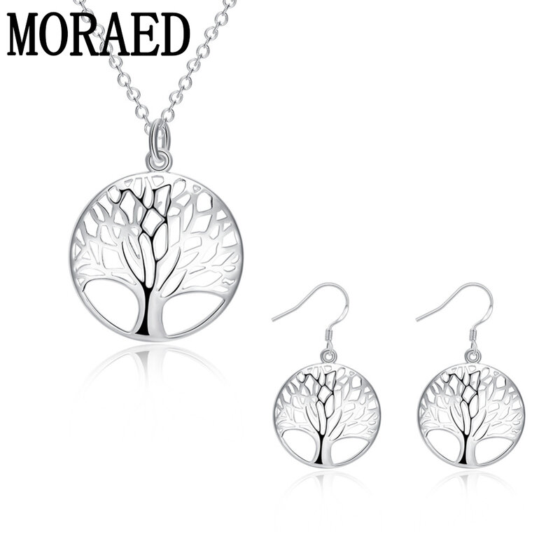 Ensemble de bijoux rétro en argent Sterling 925 pour femmes, collier, boucles d'oreilles, pendentif, arbre rond, cadeaux de vacances, fête de mariage