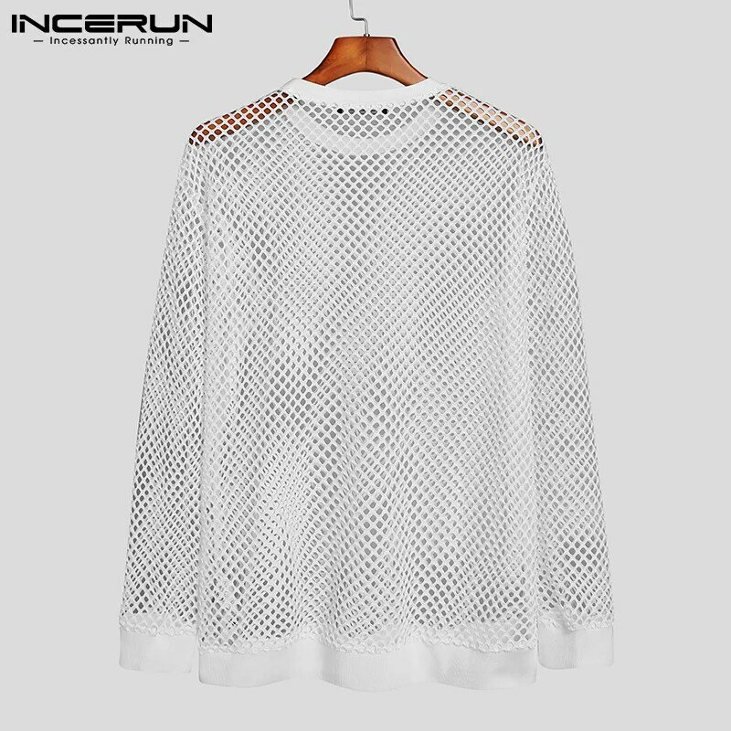INCERUN-Camiseta de malla para hombre, camisa Sexy de manga larga que combina con todo, ropa de calle elegante, Tops de Color sólido, S-5XL, 2022