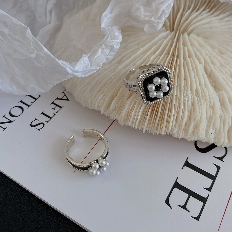 Prata esterlina pérola anéis para casais na moda elegante do vintage palácio vento aberto anel artesanal criativo casamento jóias
