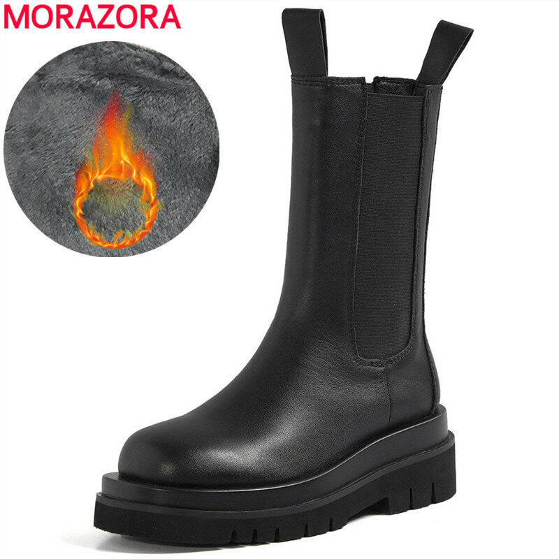 Morazora Plus Size 34-43 Nieuwe Lederen Chelsea Laarzen Vrouwen Chunky Platform Laarzen Koeienhuid Winter Schoenen Korte Enkellaarsjes laarzen