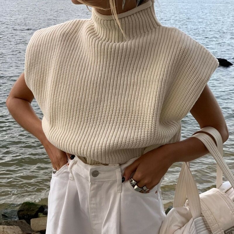 Solid color sleeveless high neck fashion casual shoulder pad sweater