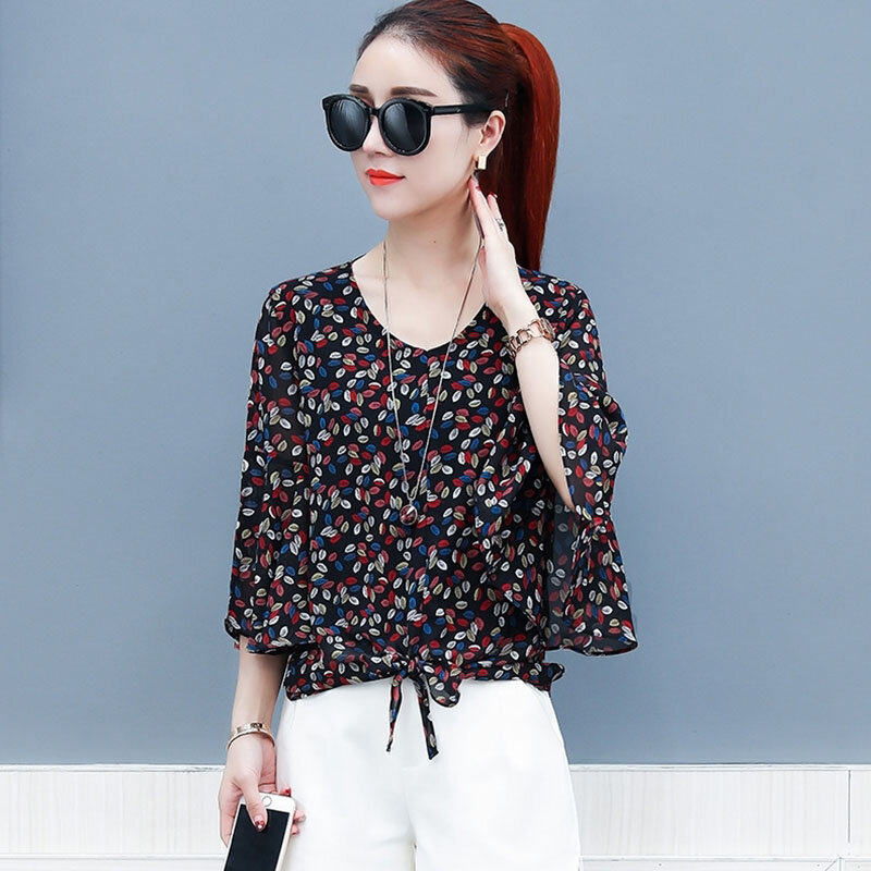 Блузка женская шифоновая с принтом, модный топ с расклешенными рукавами, винтажная Повседневная рубашка, на лето