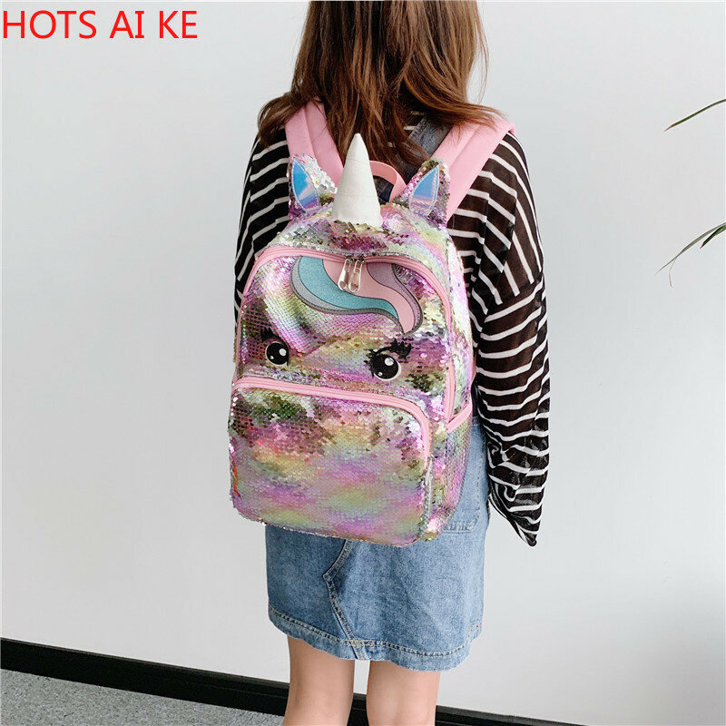 Mochila escolar con lentejuelas de unicornio para mujer y niña, bolso de gelatina multicolor, Mochila pequeña, tamaño L, mochila niños guardería grande