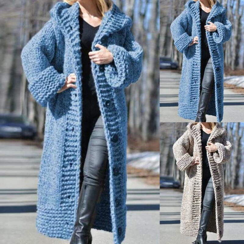 80% 뜨거운 판매!!! 여성 겨울 단추 카디 건 긴 소매 후드 중간 길이 니트 스웨터 코트