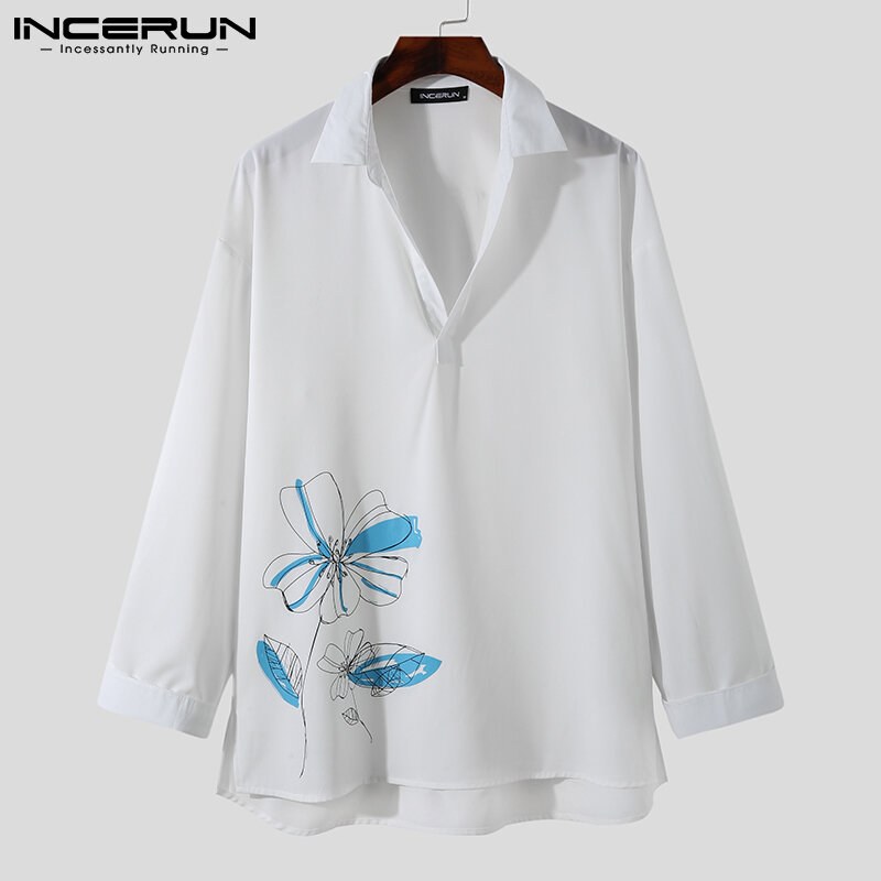 INCERUN – chemise à manches longues pour hommes, Style coréen, décontracté, avec impression de fleurs, offre spéciale, nouvelle collection 2021, S-5XL