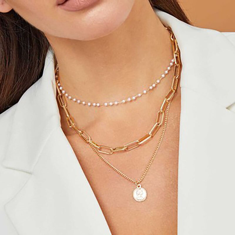 Vintage multi camadas colares femininos pérola moeda redonda ouro colares bohemia moda longo pingente colar 2020 jóias