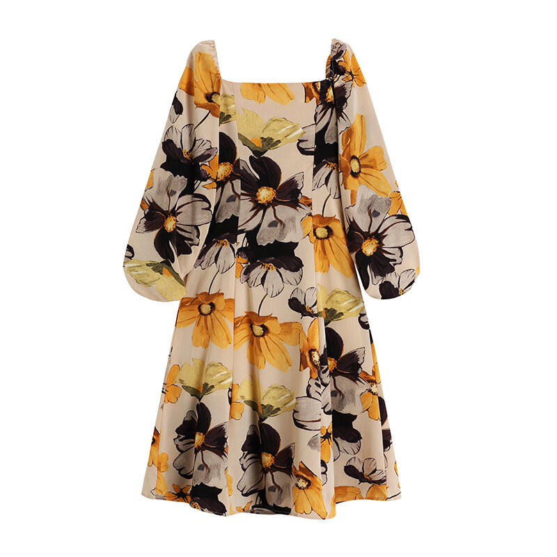 Spring Autumn Women Vintage Dress Square Collar Floral Print Midi Dresses Female Chic Long Sleeve Casual Slim Vestidos 2021