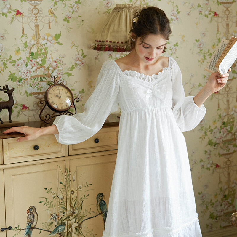 Women Autumn/Winter French Princess Cotton Pajama Skirt Court Style Lace Sexy Solid Color Home Clothes Loose Backless Sleepdress