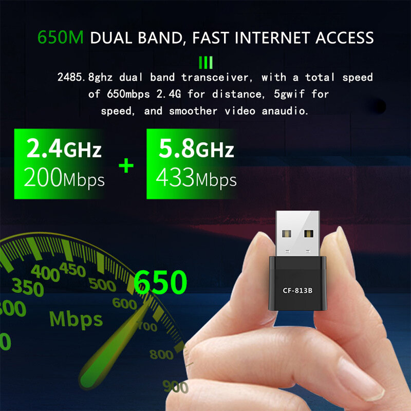 새로운 650Mbps 미니 무선 wifi 어댑터 Bluetooth4.2 USB 듀얼 밴드 네트워크 카드, RTL8821CU 2.4 + 5.8G 블랙 WiFi 어댑터 ac PC 용