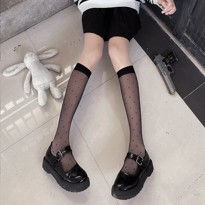 Женские черные чулки, носки до середины икры, в горошек, полуоблегающие, белые, модные, длинные, черные, шелковые, тонкие, весна-лето