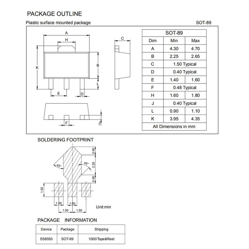 Transistor NPN para triodo de potencia, MCR100-8, ME6206A30PG, PJ1150UB33, PT4115, SS8550, Y2, TL431, XC6203E332PR, SS8050, Y1, SOT-89, 10 Uds.