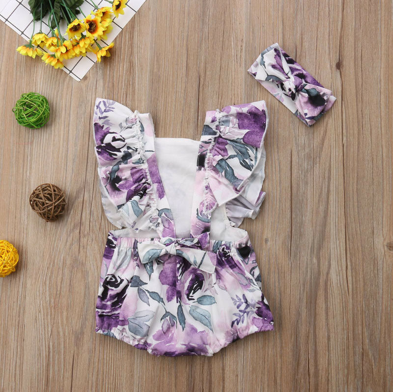 New Baby Girls Floral Backless Romper Girl Ruffle Jumpsuit Newborn Headband Kids Clothes Kid Outfits