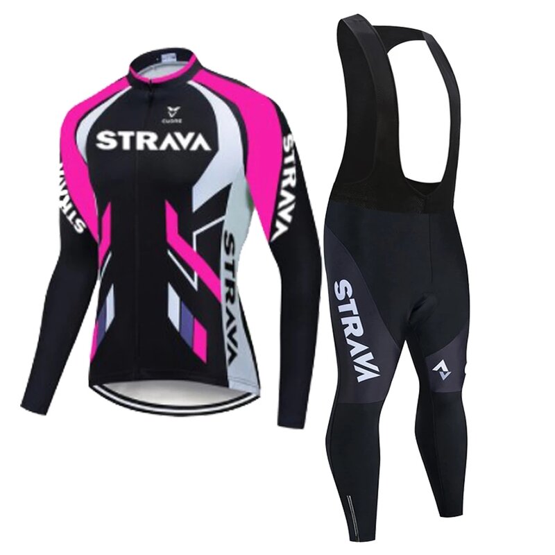 STRAVA-Conjunto de Ropa de Ciclismo profesional para hombre, Jersey de manga larga y pantalones con pechera, uniforme para Ciclismo