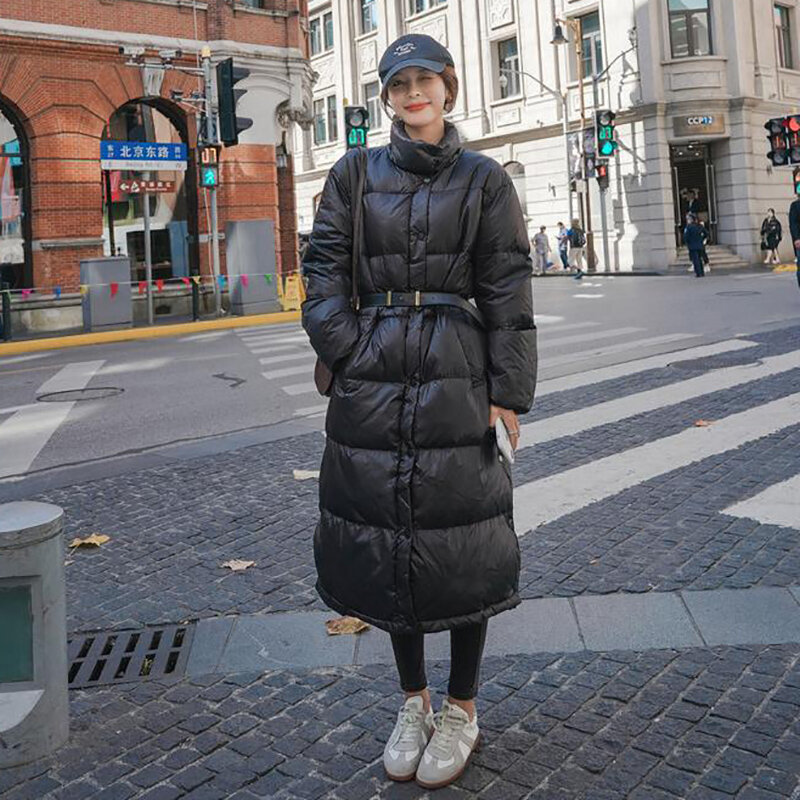 Зимняя хлопковая куртка для женщин, корейская мода, яркая длинная свободная ветрозащитная куртка с воротником-стойкой, черная Повседневная...