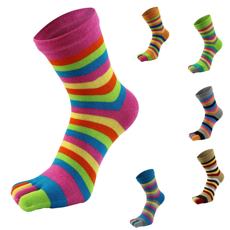ฝ้ายห้านิ้วถุงเท้าสั้นสำหรับสาว Breathable Soft Elastic Harajuku ถุงเท้านิ้วเท้า Multicolor Stripes ถุงเท้า