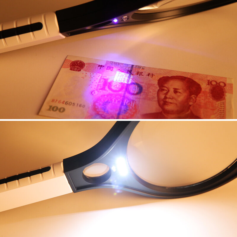 Kaca Pembesar Genggam 3X/10X dengan Pencahayaan LED Diameter Besar Ukuran Besar Pegangan Jenis Raket Kaca Pembesar UV LED