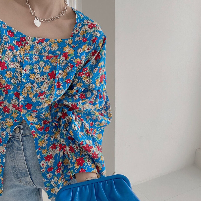 Blus Wanita Musim Gugur 2021 Baru Kerah Persegi Warna Solid Kasual Fashion Korea Lengan Panjang Desain Longgar Kancing Sebaris