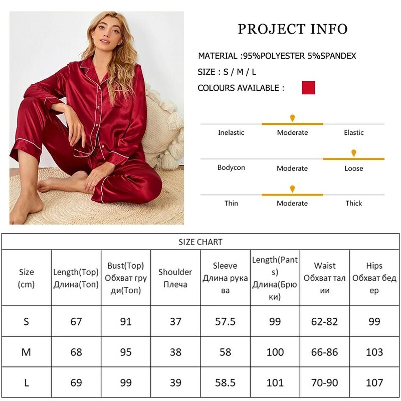Hiloc vermelho pijamas turn down collar feminino pijamas ternos com calças de manga completa 2021 outono ternos de cetim camisola causal homewear