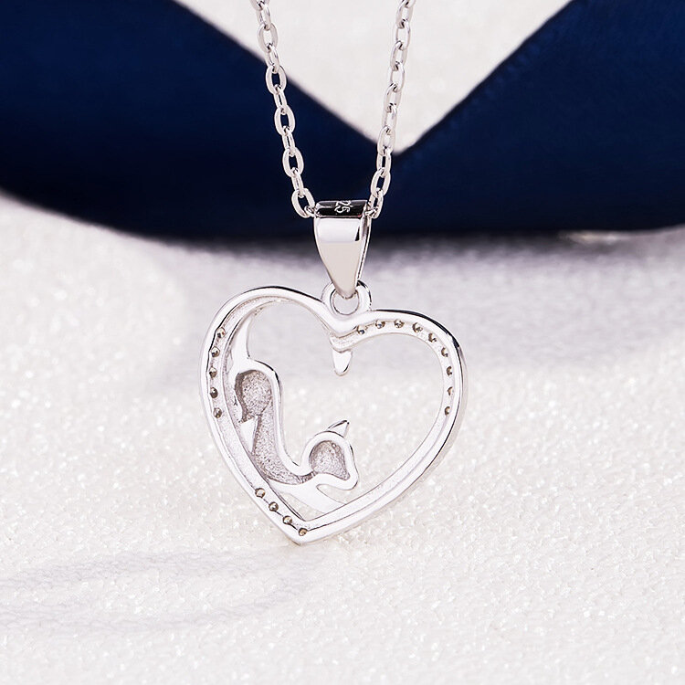 SODROV Sterling Silver 925 Romantic Cute Animal Heart Cat Pendant Necklace for Women 925 Jewelry Silver Necklace