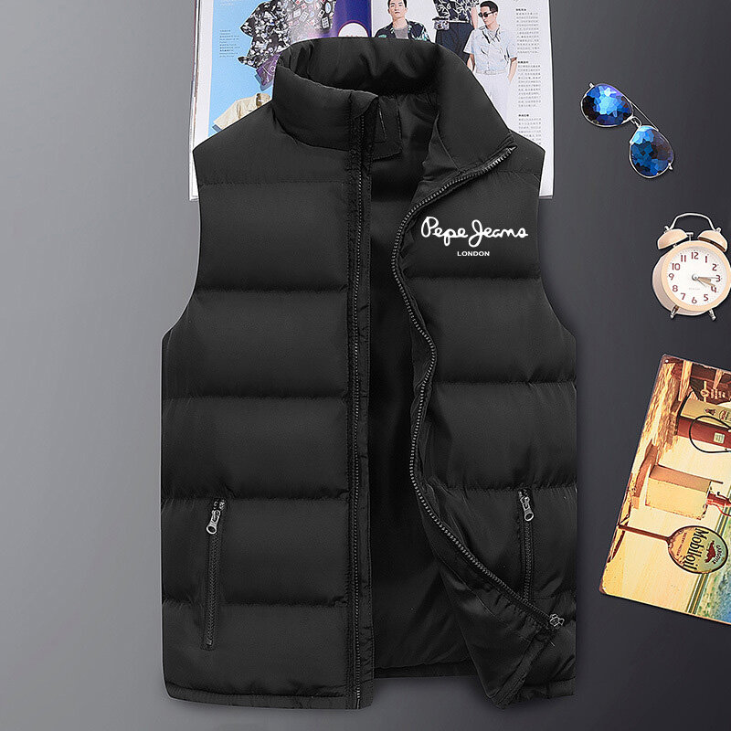 Men's Pepe Print Waistcoat Jacket Autumn Winter Sleeveless Jacket Streetwear Veste Homme Thick Stand Collar Solid Color Vest