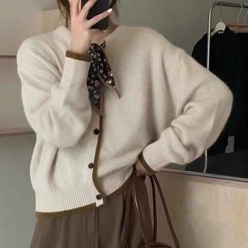 Cárdigan de punto de Color liso para mujer, suéter de punto de cuello redondo, ropa informal holgada, estilo coreano, novedad de Otoño de 2021