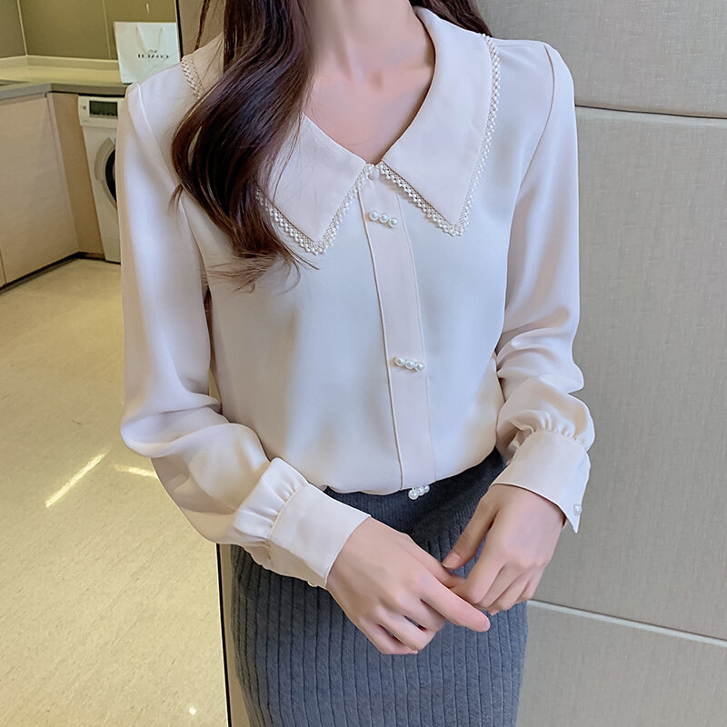 Koreanische Frauen Chiffon Bluse Frauen Langarm Shirts Frau Peter Pan Kragen Blusen Hemd Casual Frau Spitze Bluse Top Puls größe