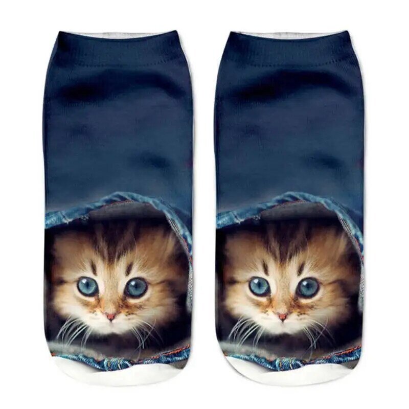 Kaus Kaki Kucing Lucu Wanita Cetak 3D Mode Kaus Kaki Katun Pergelangan Kaki Rendah Harajuku Lucu Uniseks Kaus Kaki Pendek Hewan Kartun untuk Wanita