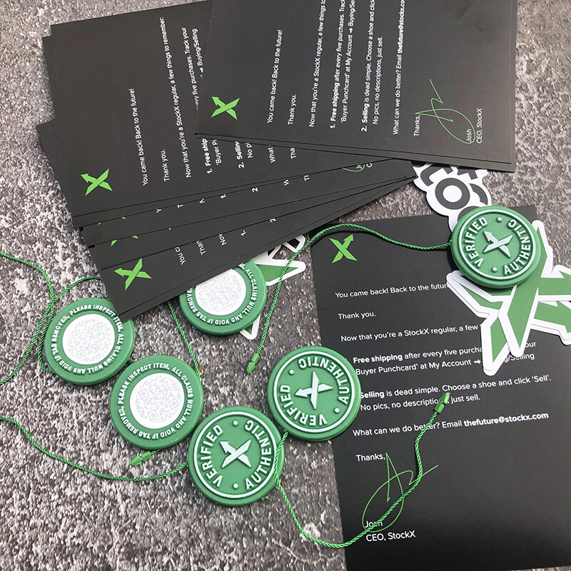 1sets 5sets 10sets Lot 2020 StockX Tag Green Circular Tag Rcode Stickers Flyer Plastic Shoe Buckle Verified X Authentic Tag