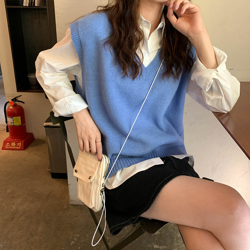 2019 Musim Gugur dan Musim Dingin Gaya Korea V Leher Rajutan Warna Solid Tanpa Lengan Rompi Sweater Wanita Pullover Wanita (X1086)