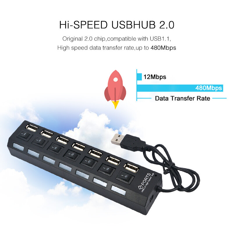 Kebidu Neue Multi 7 port USB Hub 2,0 Adapter High Speed 7 Ports Hub USB Auf/Off Schalter Tragbare USB Splitter Für Computer Laptop