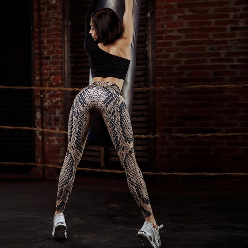 Леггинсы женские с принтом змеиной кожи, пикантные спортивные облегающие эластичные штаны для фитнеса с эффектом пуш-ап и бедра