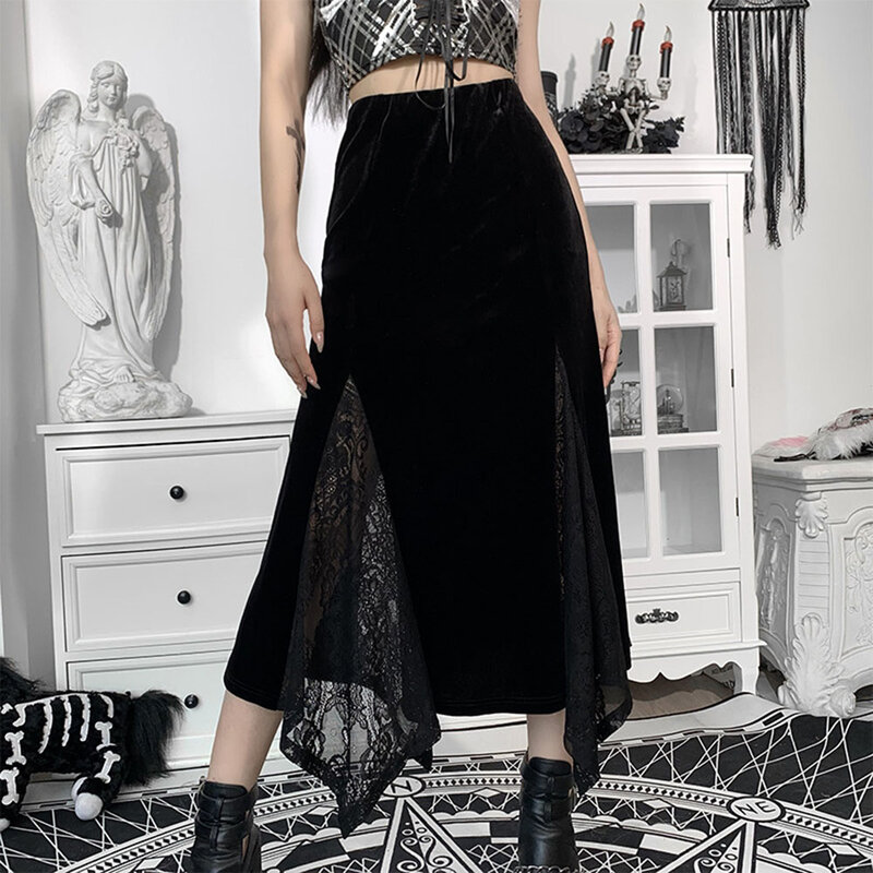 Женская Асимметричная юбка средней длины, осенняя бархатная кружевная юбка средней длины с высокой талией, 2021