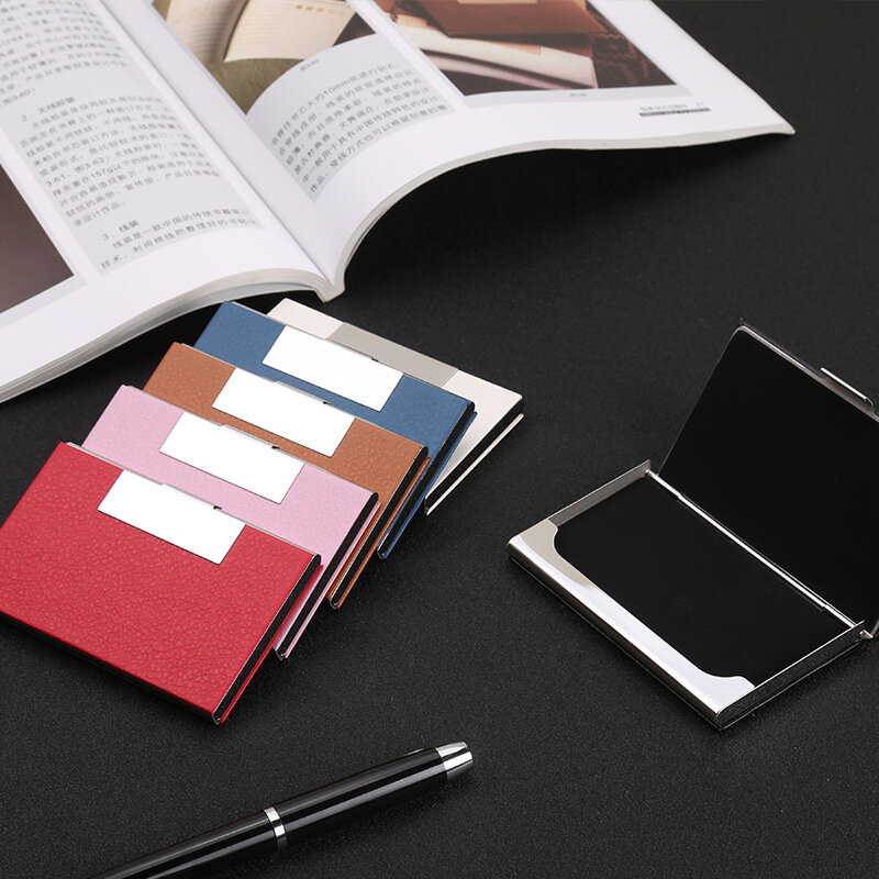 EZONE wizytownik na karty biznesowe pokrowiec na karty metalu materiał PU prezent biznesowy biuro 8 kolory 9.6*6.5cm przechowywać 15 arkusze moda