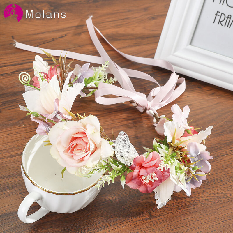 Molans – couronnes de fleurs style bohémien pour mariée, guirlande florale, bandeau feuilles en rotin, couronne de mariage, accessoires pour cheveux de demoiselle d'honneur