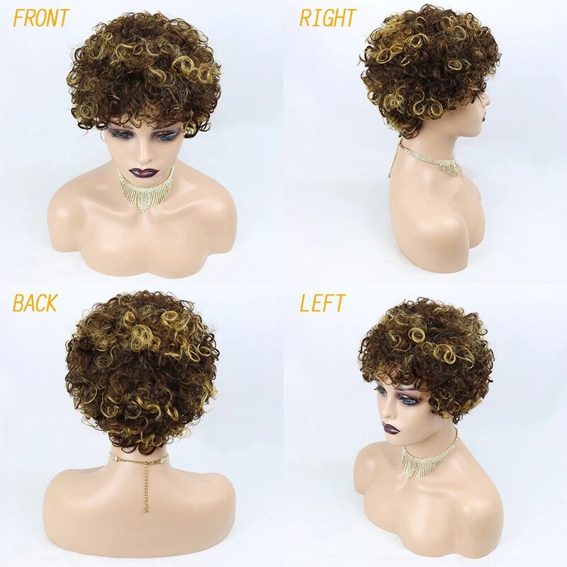Krótka peruka z kręconych włosów typu Kinky Afro American peruki dla czarnych kobiet brązowe mieszane włosy ludzkie w kolorze blond peruki z grzywką