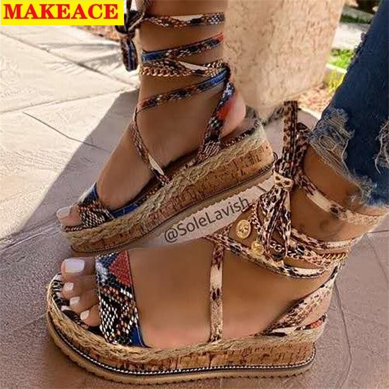 Sandal female summer new platform women shoes Roman style feet bare tie open toe casual women sandals leopard print large shoes