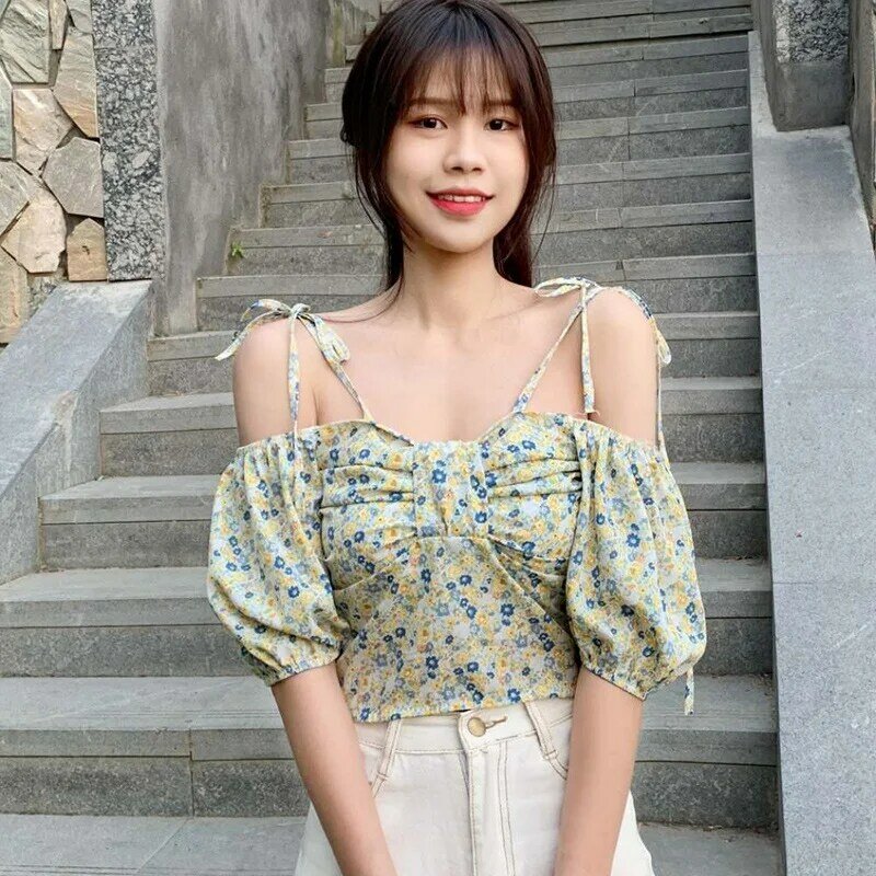Moda coreana feminina doce floral impressão chiffon blusa sexy fora do ombro manga curta blusas camisas