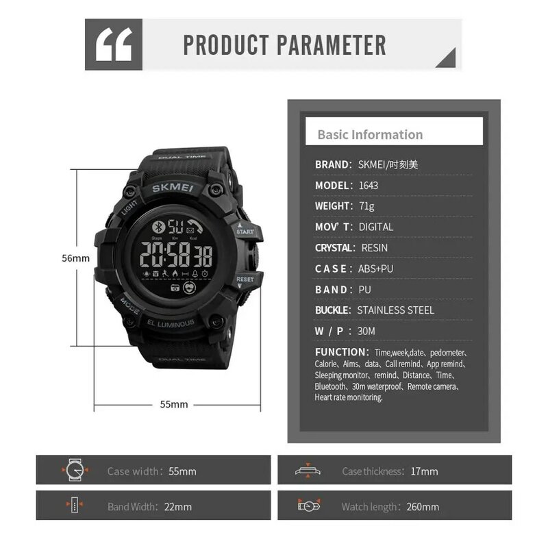 Skmei Outdoor Sport Smart Horloge Mannen Bluetooth Multifunctionele Horloges Waterdicht Hartslag Digitale Horloge Relogio Masculino