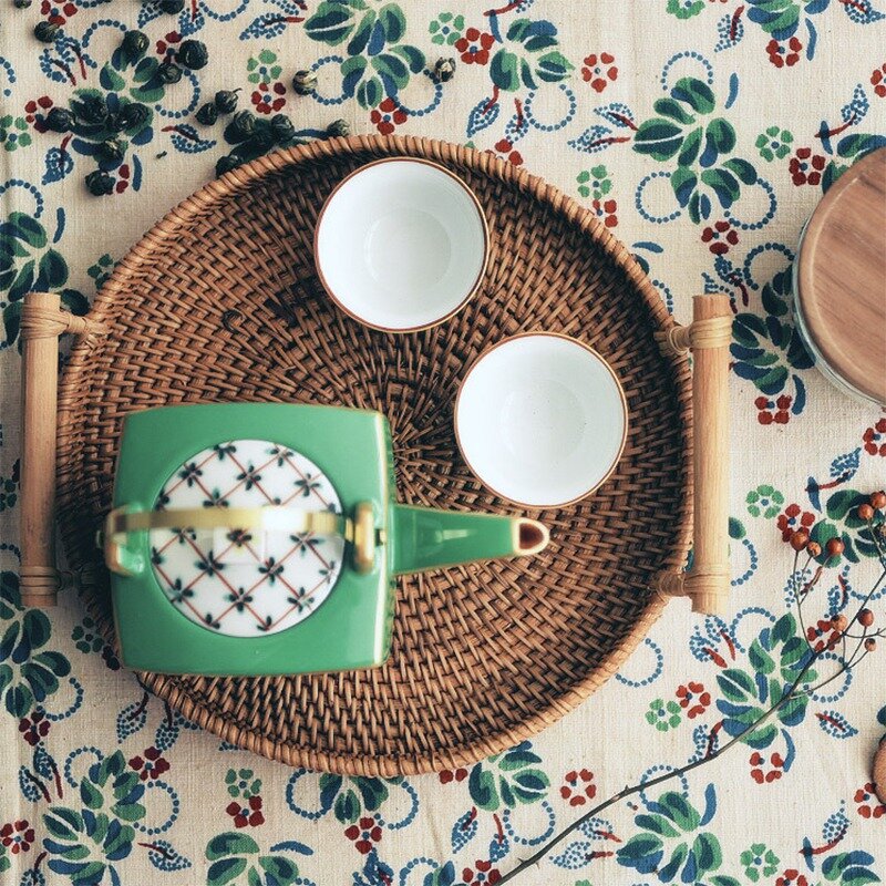 Bandeja de chá tecida redonda da cesta do pão do rattan com punhos para servir jantares café da manhã (8.7 polegadas)
