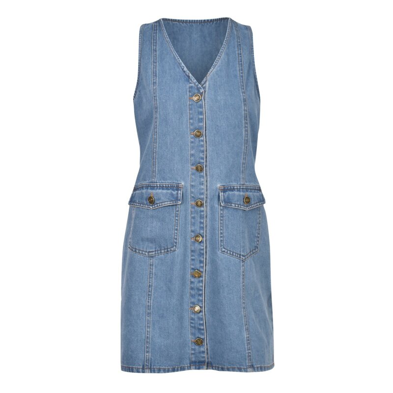 Женское джинсовое прямое платье на бретелях, модное летнее джинсовое платье без рукавов, на пуговицах, с карманами, 2021