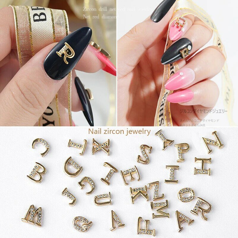1Pcs Kwaliteit Luxe A-Z Letters Zirkoon Crystal Rhinestones Voor Nail Alloy Gold Nail Art Decoraties Sieraden Ornamenten