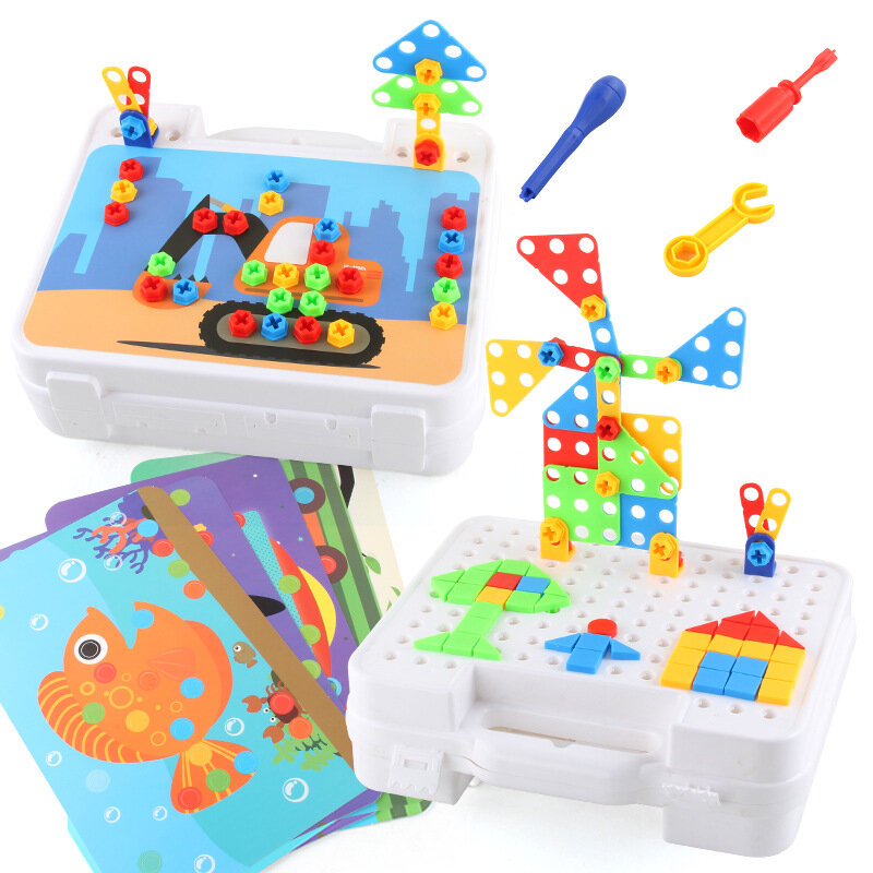 الأطفال لتقوم بها بنفسك نموذج بناء # CXL200-65B الإبداعية برغي الجمعية ورقة من البلاستيك مع بطاقة في البلاستيك صندوق قابل للحمل الجذعية لعبة