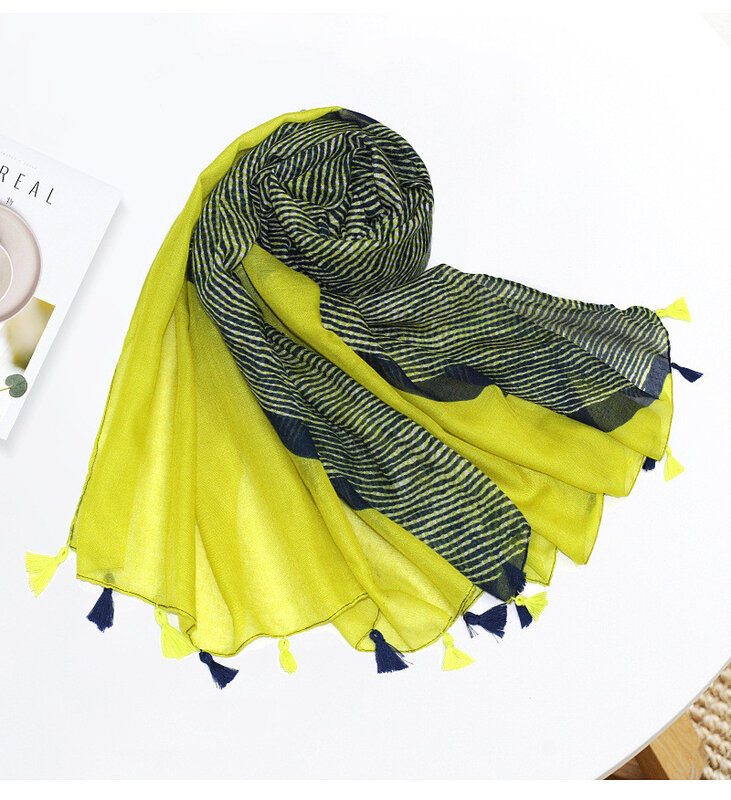 Chal de viscosa de marca de lujo para mujer, bufanda rayada con borlas, Pashminas, redecilla, Hijab musulmán, 2020x90cm, Otoño, España, 180