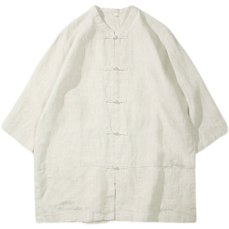 Camisa de lino de estilo chino para hombre, camisa Hanfu de Color sólido con cuello levantado y botones, talla grande, primavera y verano, 2021
