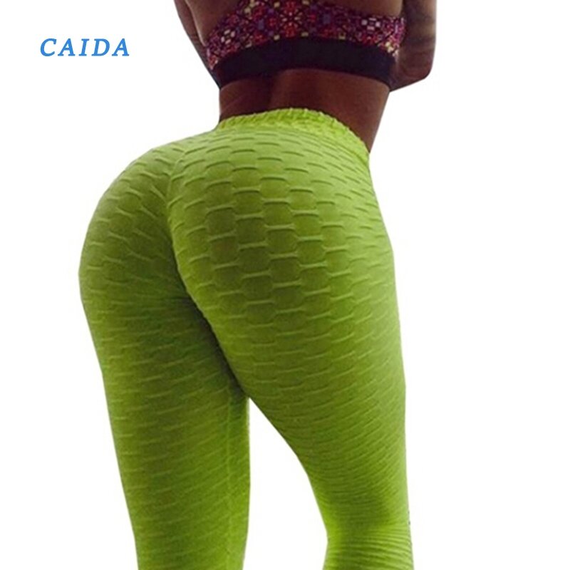 CAIDA 여성 패션 버블 와플 피트니스 레깅스 V 모양 Higth 허리띠 결함 솔리드 바지 섹시한 엉덩이 리프팅 레깅스