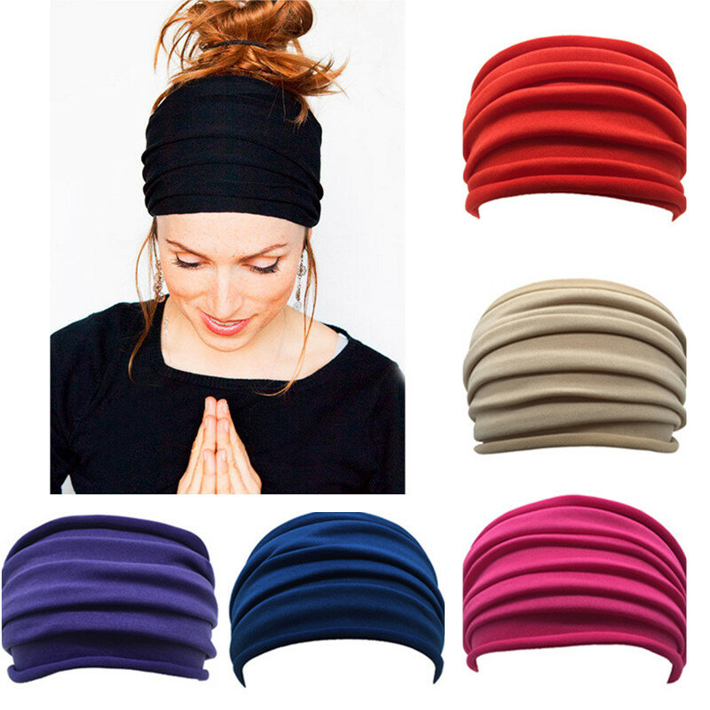Solid color Women Nonslip Elastic Folds Yoga Hairband Fashion Wide Sports Headband Running Accessories Summer Stretch Hair Band