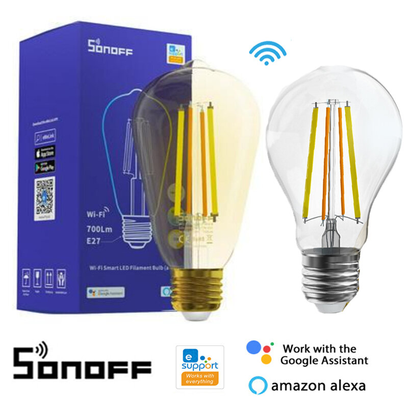 SONOFF-bombilla inteligente con Wifi, B02F-ST64 LED E27 de 7W, B02-F-A60, lámpara de ahorro de energía para la aplicación eWelink, Compatible con Google Home y Alexa