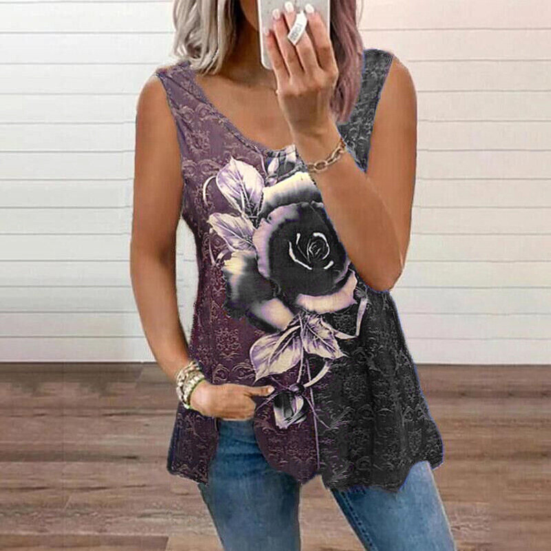 5XL Loose Plus Size Shirt Women Sleeveless V-Neck Flower Print Blouses Summer Tank Beach Tops 2021 New Casual Streetwear Clothes