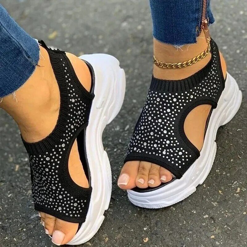 Sandalias de plataforma para mujer, zapatos informales cómodos de tela elástica, con boca de pescado europea y americana, para verano, 2020