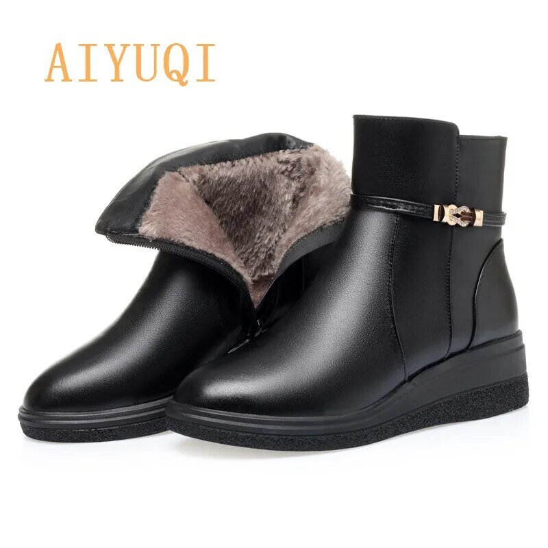 Aiyuqi senhoras botas de neve inverno novo couro genuíno cunhas casuais com lã quente mãe botas sapatos senhoras botas curtas